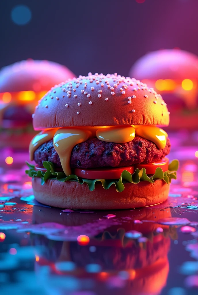 Juicy beef or veggie patties with neon-colored buns and glowing sauces.
