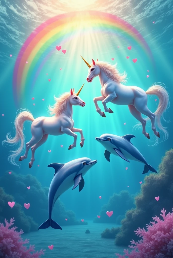 Unicorns and dolphins in the sea with a rainbow and little hearts with a colorful sky