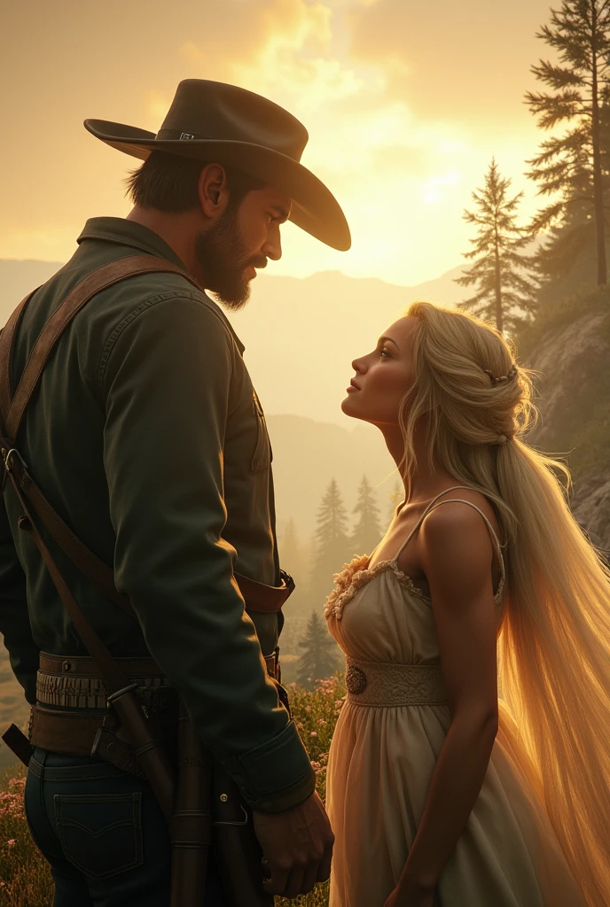 Arthur Morgan from the Video Game Red dead redemption looking at a blond, angelic, woman