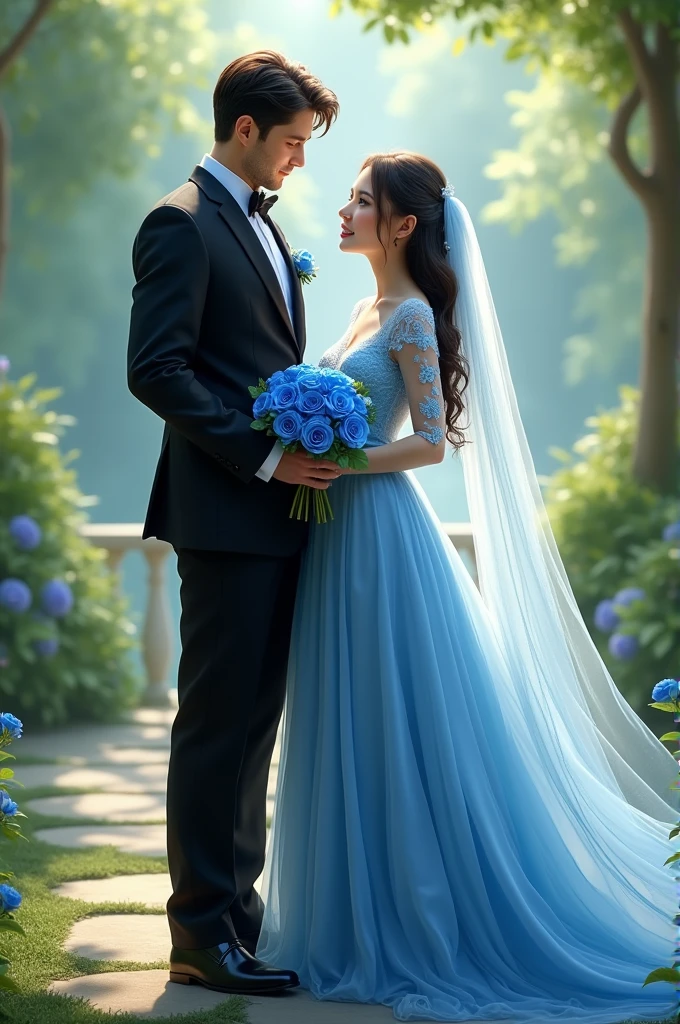 A tall brunette groom wearing a black suit and blue shirt with blue roses in his hand, short bride in a long blue dress.