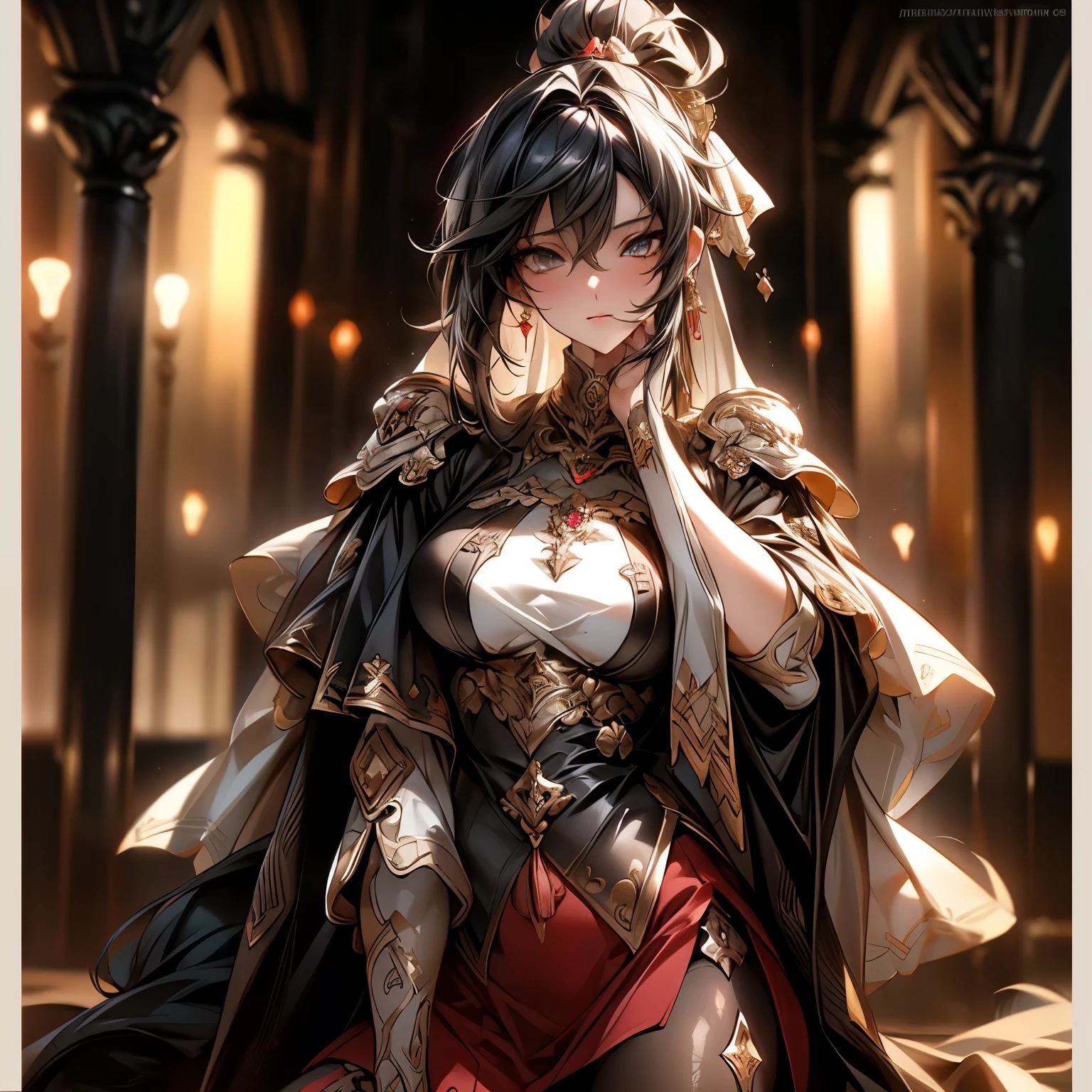 (best quality)), ((Masterpiece)), (details:1.4), 3d, HDR (high dynamic range), an image of a beautiful cyberpunk female, medieval, fantasy, Black hair, High ponytail, Full body, Beautiful white eyes, จมูกโด่ง, ปากแดง, หน้าอกใหญ่, nvidia RTX, PBR surface, After processing, Anisotropic filtration,depth of field, Maximum clarity and clarity, multi-layered surface, Subsurface scattering, perfect proportions, 8K raw files, ultra detailed, Perfect proportions, volumetric lighting, soft lighting, Holy Paldin, Heavy Silver Armor, Golden dress, glossy skin, Castle background, jewely, ต่างหู, นิ้วมือสมบูรณ์, mini red skirt,