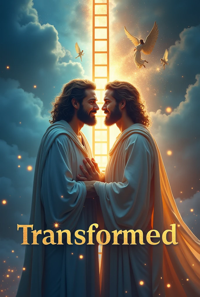Create an image with a background that blends vibrant and soft colors, shades of blue and gold representing transformation and spirituality.
At the center, a representation of Jacob, perhaps divided into two parts: On one side, the figure of Jacob before the transformation, and the other, a more enlightened and serene figure, symbolizing your new identity. Ao fundo, there may be a ladder with angels going up and down, referring to Jacob's dream.
The title "Transformed" should be highlighted, with a modern and striking font. You can add symbols like stars, soft lights around the figure of Jacob, and perhaps some lines of light representing the presence of God in the life of the biblical character.