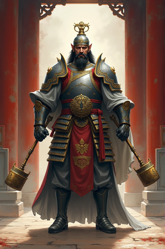 Painting of a general from the Ming Dynasty of China, the general wears ash-gray armor, his face is majestic and his head is covered with a helmet, in both hands this general holds two bronze-colored, bronze-shaped clubs. equivalent to the size of the general's head, the mace is golden in color, and the mace handle is as long as the general's arm, like the pair of maces of Ly Nguyen Ba during the Tang Dynasty. The photo has a realistic scene, bright colors, the general standing in front of the gate of an ancient barracks