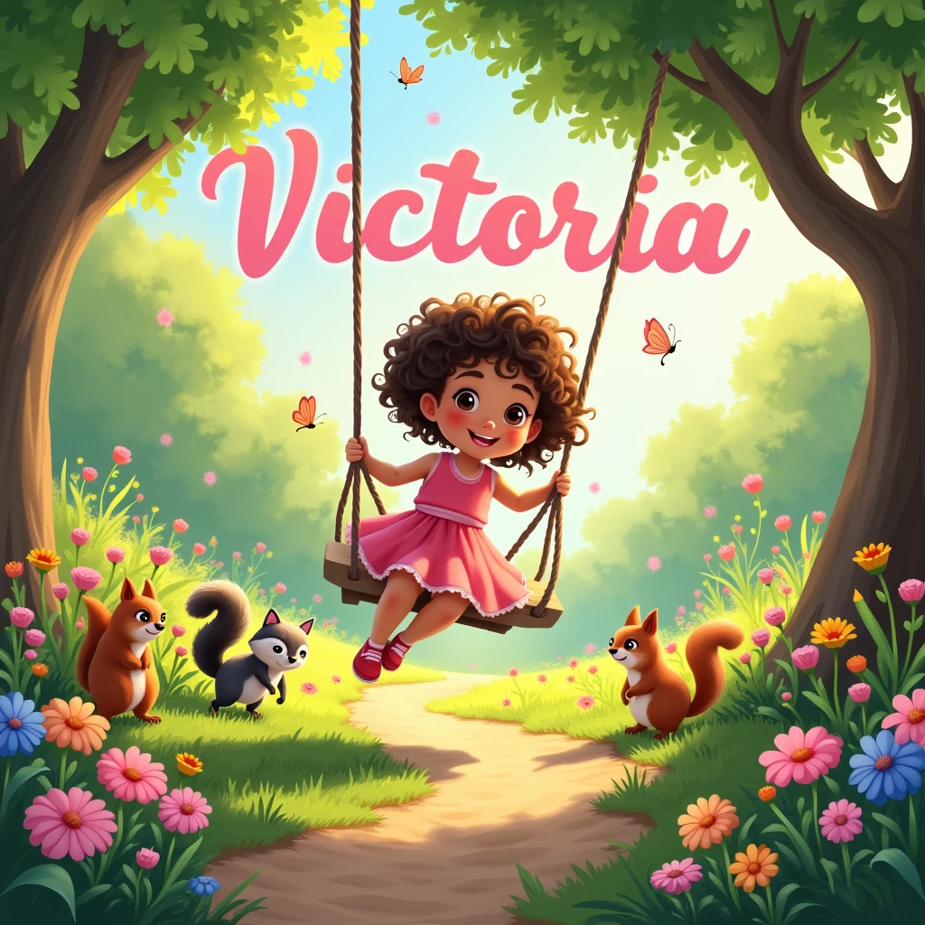 beautiful big garden in spring leaves flying,a swing in the trees, butterflys, squirrel, raccoon, birds a smiling brown child brown eyes in a pink dress baby , with curly hair on the swing playing, many flowers along the dirt road,large image of the name Victoria written in light baby pink in the background, high resolution