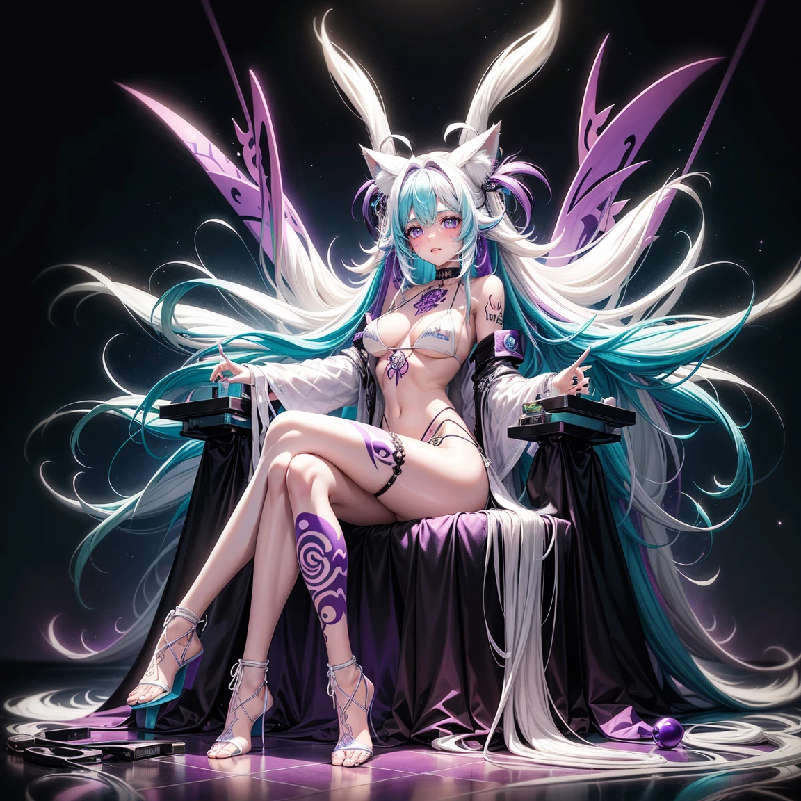 1womanl, long white hair with purple and cyan tips, , long hair, multi-colored hair, fox ears, purples eyes, wearing a white micro bikini, Wearing black micro bikini, wearing a white bikini, tattoos on arms, colorful koi tattoos, showing body, show body, medium breasts, cyber punk, neon, loose hair, (((Full body, sitting)))