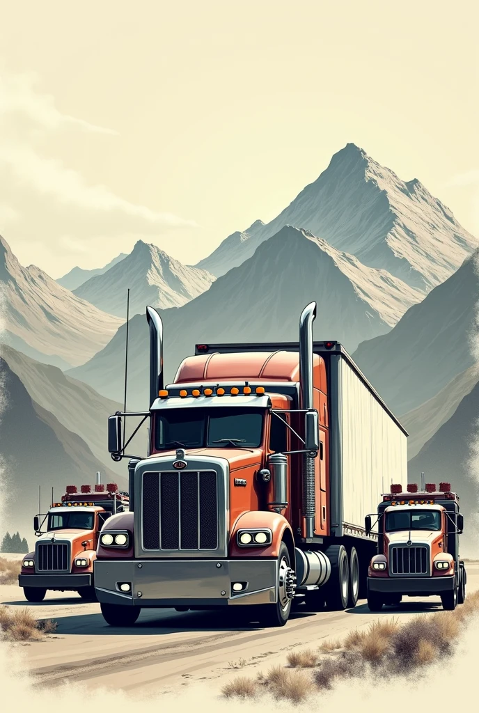 A tractor-trailer truck That can be seen drawn That has a mountain drawn in the background That can be seen drawn The mountain that looks a little lower Two tow trucks on each side One on the left and one on the right of the tow trucks Put a text that says "transportes SALKANTAY SAC"in the same image Color the same image Another model of tow truck 