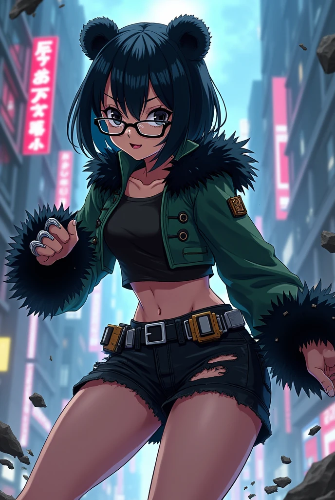 A girl with short black hair and glasses, black eyes, with a green bear-inspired villain costume, a black crop top with green, ripped black shorts, gloves with metal bear claws, and a belt full of tools, bnha anime style