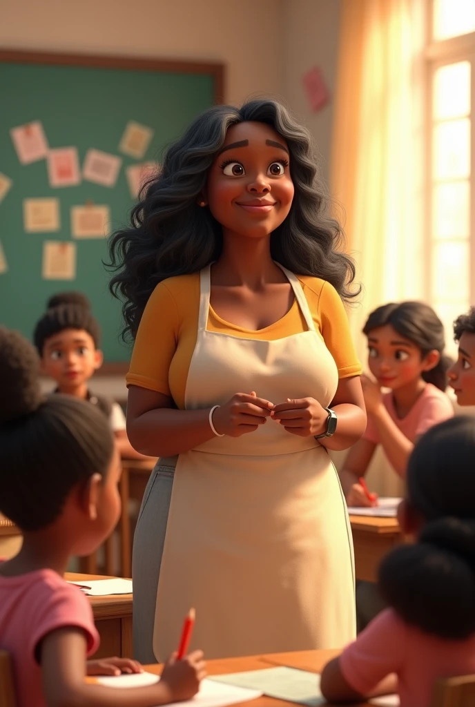 Teacher Pixar, black lady, curvilinear, long black and gray hair, apron, class room, small breasts, gray strand, children and letters