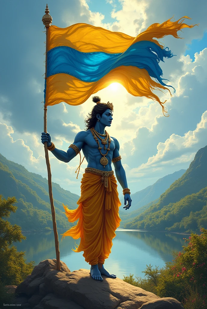 yellow and blue flag in krishna hands