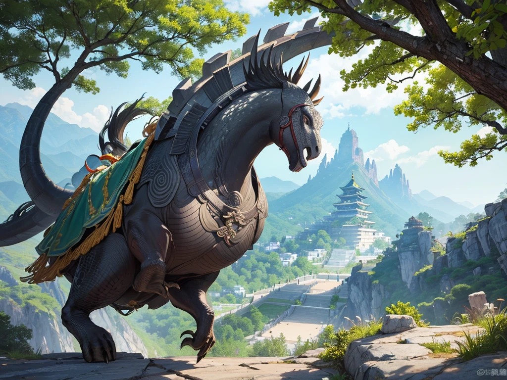 At the peaks of the Kingdom of Mountains, Xuanwu is a legendary turtle known as a wise hermit.. With a stone gray shell and a tree green pattern, Xuanwu blends into the mountainous landscape. Long tail, which ends with a black snake head, have intelligence and agile movements, often used to reach hidden places and protect oneself from danger. Xuanwu was able to control the ground and rocks around him, creating safe paths in hazardous terrain. Its presence is considered a symbol of wisdom and protection.. masterpiece
