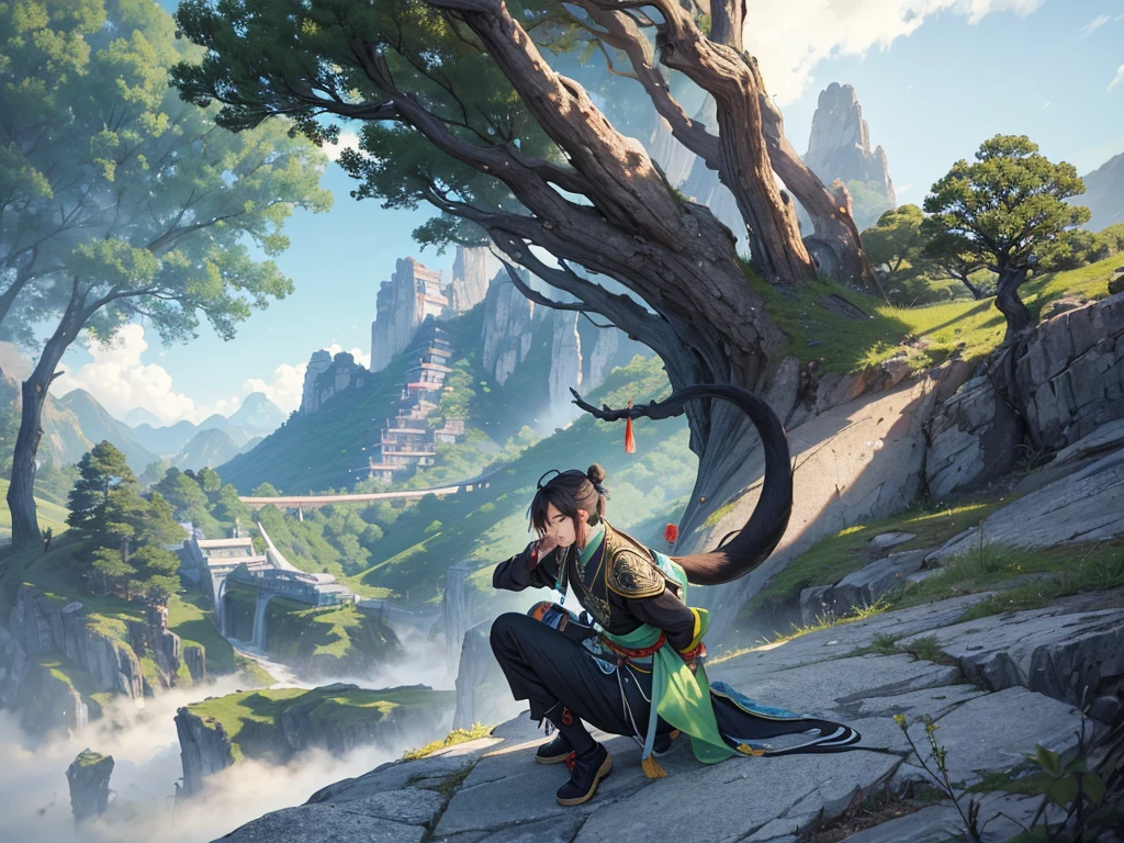At the peaks of the Kingdom of Mountains, Xuanwu is a legendary turtle known as a wise hermit.. With a stone gray shell and a tree green pattern, Xuanwu blends into the mountainous landscape. Long tail, which ends with a black snake head, have intelligence and agile movements, often used to reach hidden places and protect oneself from danger. Xuanwu was able to control the ground and rocks around him, creating safe paths in hazardous terrain. Its presence is considered a symbol of wisdom and protection.. masterpiece