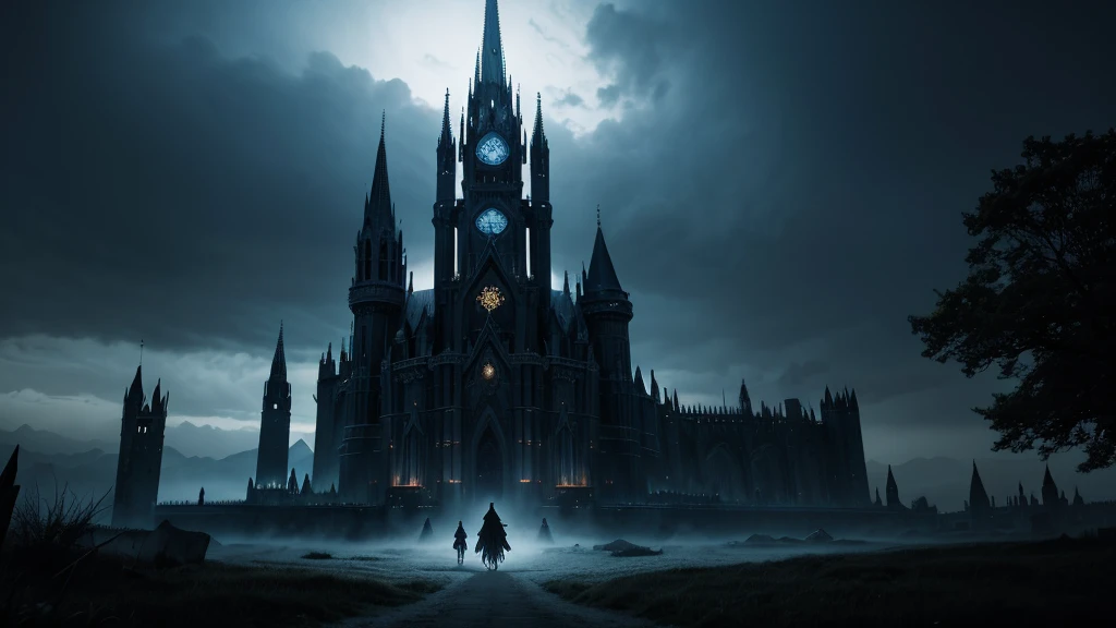 Create an image of the Warlock Kingdom, a realm of dark elegance and mystical power. The kingdom is ruled by a dynasty of warlocks who are masters of arcane magic, manipulation, and the dark arts. The kingdom's architecture should reflect a gothic and enchanted atmosphere, with towering spires, glowing magical runes, and swirling shadows. Within this kingdom, a select few individuals possess the rare and coveted ability to control time. The environment should feel both mysterious and powerful, with an aura of secrecy and ancient knowledge. The overall style should be rich in detail, with a focus on dark, magical elements and an ominous, yet majestic atmosphere.