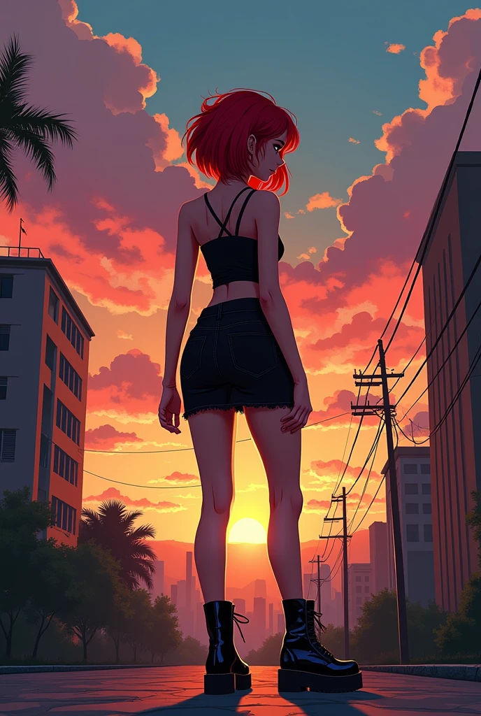 ((best illustration)) brazilian girl, Red hair, Teenage body, black top, black tight skirt, black boot, urban landscape, Building, skyline, sunset, Silhouette against the background of clouds, contemplative.  