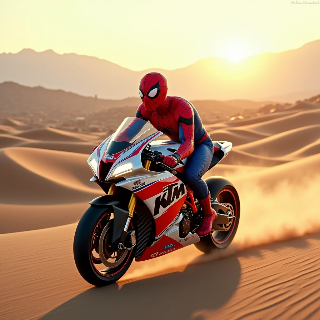 Spider-Man is riding a ktm racing bike. It is morning time. The weather is good. The place is a desert and there is a road in the middle of it.