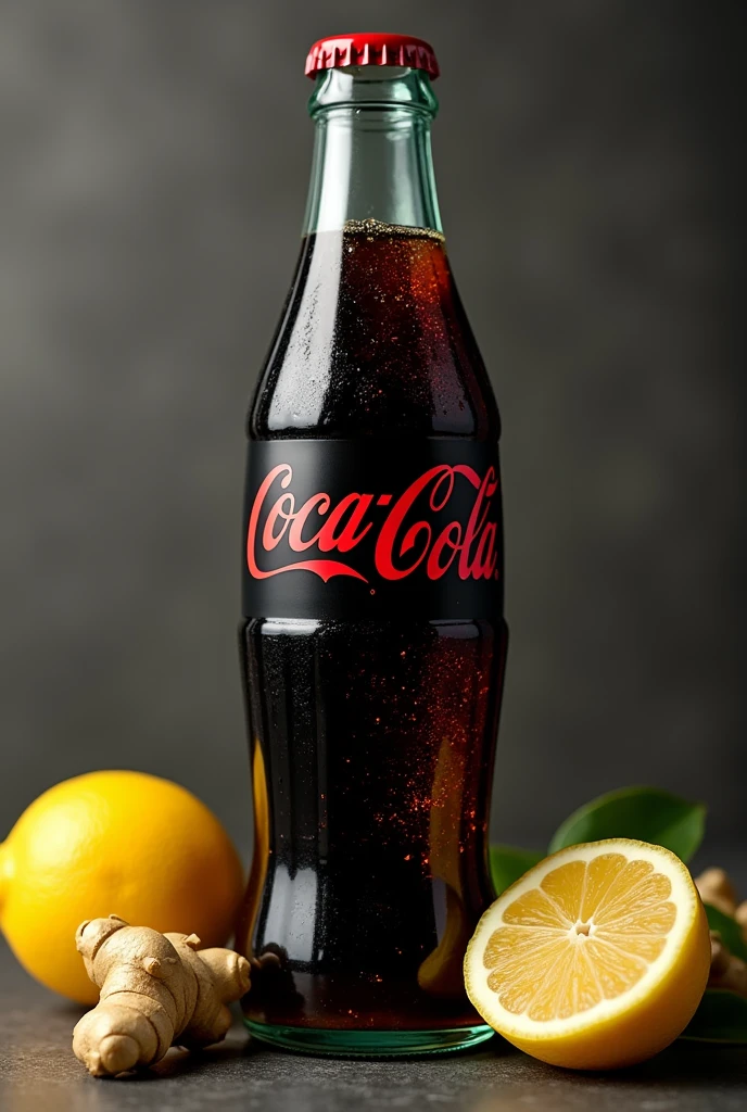 create a black bottle of coca cola with lemon and ginger flavor