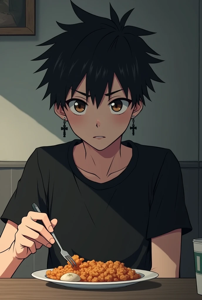 Anime guy with black hair, blocked hair, a brow, dark eyebrows, brown-black eyes, a black cross-shaped earring on the left and silver on the right, wearing a black T-shirt, is eating in a small rented room. He is a lonely man, but he does not feel sad, but he does not smile.