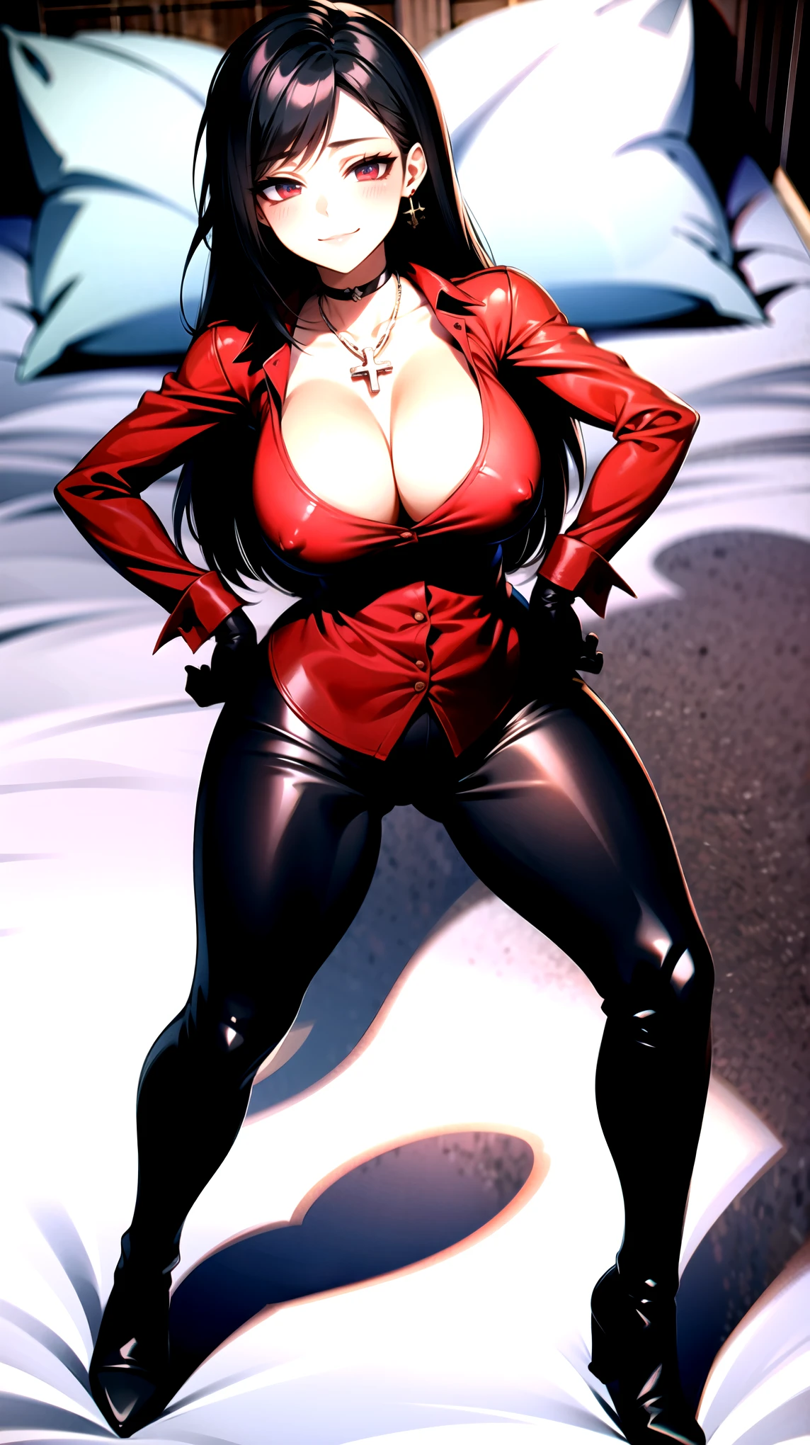((super high quality,))((Ultra-high resolution,))(16K,)(super masterpiece,)((Ultra HD ,))(Detailed shading,)Full body photo,One sexy mature woman,((Red collared shirt,popped Tight collar,))Folded sleeves,Black long gloves,(Glossy black pants, Black long boots,)Black hair straight short,Sharp Eyes,blush,Sexy smile,Cleavage,Cross Necklace,((Lying in bed,))Turn your hips to the side,