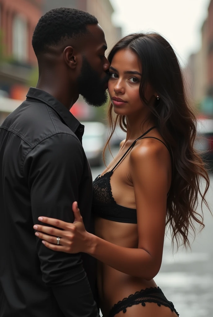 olivia, Young girl, , southern, brunette long hair, , small breasts, black lingerie , deep neckline, String Tanga , on the street, brown eyes, soft skin, Full body , realistic picture, flirting with a black man who touches her