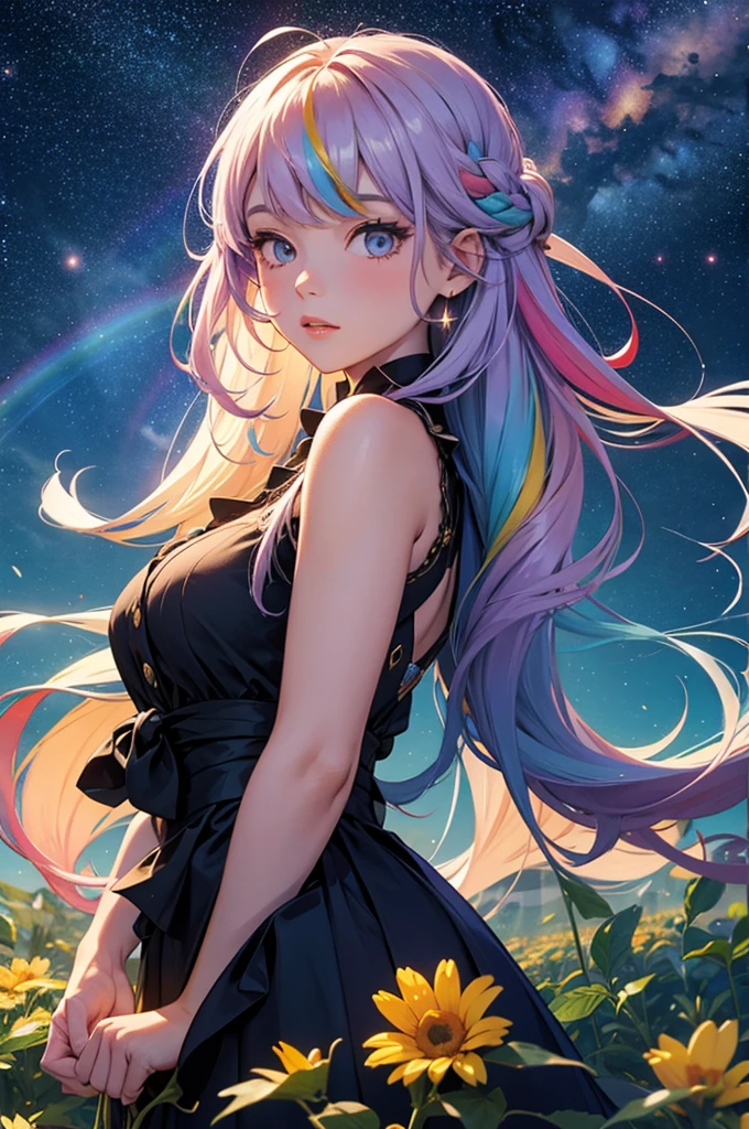 A girl with long rainbow hair, surrounded by big flowers, upper body, starry sky