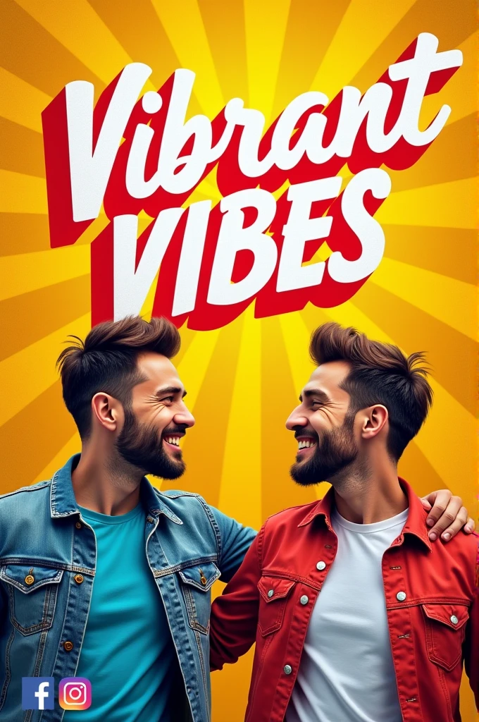 Prompt:
Create a horizontal cover photo in the style of a Facebook cover image. The image should have the title 'Vibrant Vibes' prominently displayed in bold, modern typography. On the right side, depict a 2 handsome British man with a cheerful expression, dressed in stylish casual attire, exuding vibrant, positive energy. The background should be bright and uplifting, with a textured design that complements the theme. At the bottom left or right corner, place the icons for X, Facebook, Instagram, and YouTube in matching colors to the overall aesthetic.
