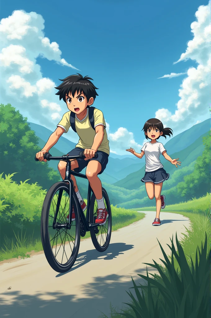 Can you give a drawing of a boy who was riding a bike on a dirt road in the rice field. Suddenly he encountered an aggressive dog in a distance.He was so scared that he fell off the bike