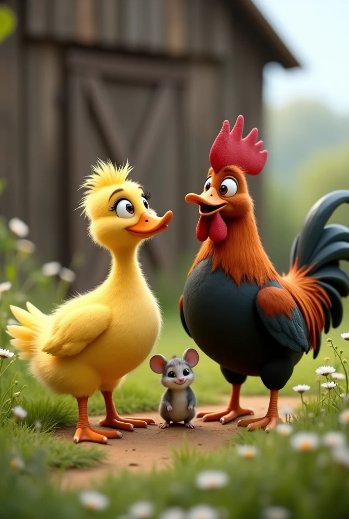 Generate an image of a yellow duck and a brown and black rooster friends with a little mouse outside the barn exploring, walking, meeting other animals