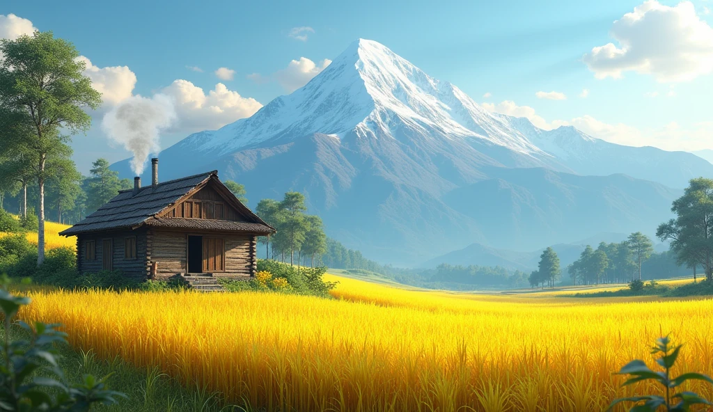 The hut is in the middle of a golden-yellow rice field. There is a beautiful mountain range in the background.