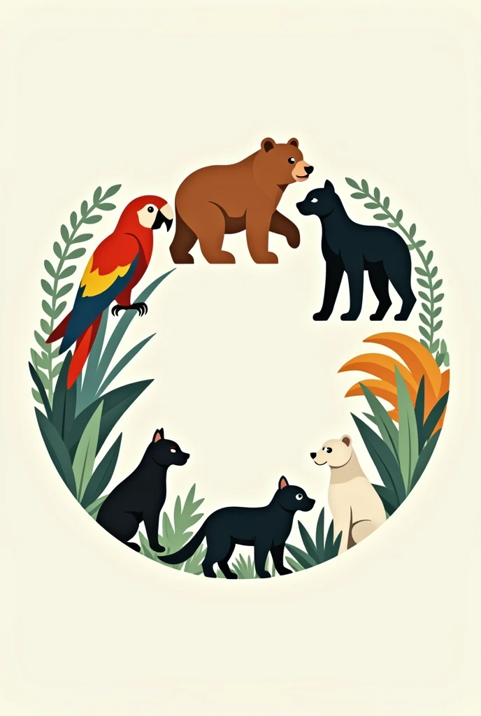 A circle with the symbol of a Scarlet Macaw, the symbol of a brown bear, the symbol of a Raccoon, the symbol of a black dog, the symbol of a sea turtle, the symbol of a Jaguar and the symbol of a white dog in each space