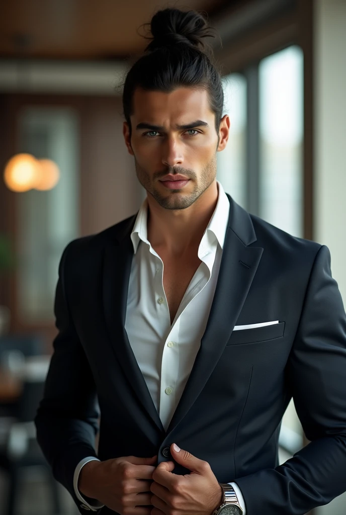 Handsome tall man young fair skin black hair with bun blue eyes muscular sexy businessman 