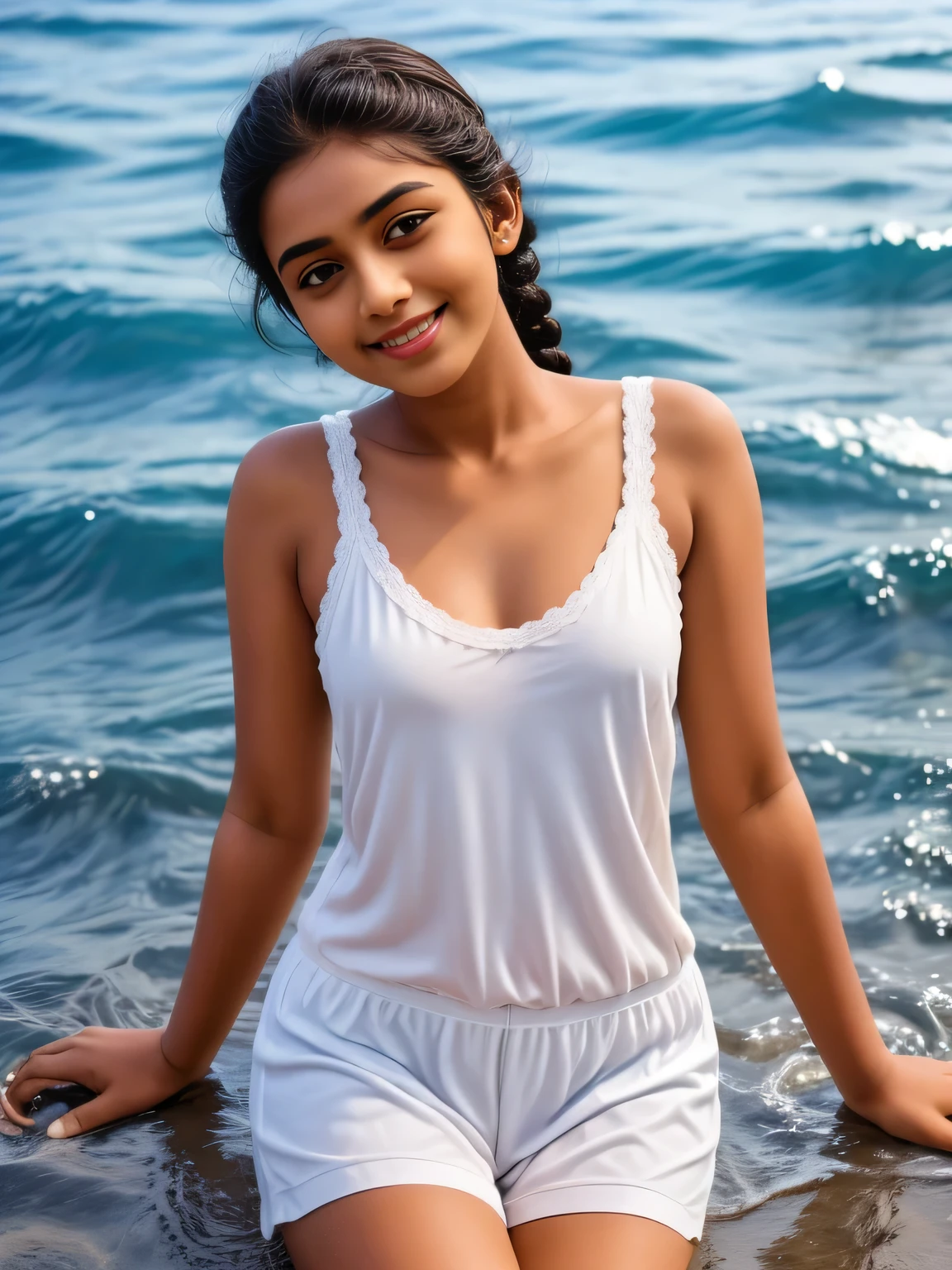 Sri lanka   girl, wearing white clothes and white short , in the water,  (slim, small, flat, small), photorealistic, detail, skin texture, super detail, delicate and sexy collarbone, smile