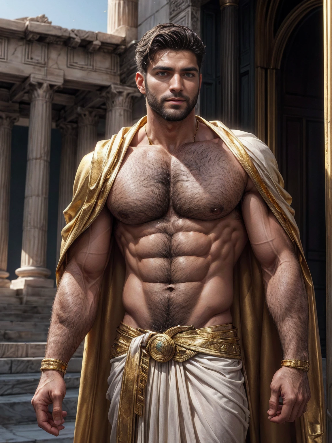 On a sunny day, ((artwork)) ((body completo)) ((30 year old man)) body: brownish skin, high, muscular, ((body hair)) (( hair)) male face, barba, beautiful eyes, detailed eyes ((Gold colored eyes)). Expression: Seductive, sonrisa Seductive. CLOTHES: Greek Cape, TOGA BLANCA, Gold ornaments, greek prince ornaments. pose: dynamic. scene: greek temple, Greek columns. Decor: winter, decoración de winter brillante, Wonderful lighting. Seed in the sky. mature male, Skinny and tall!(Chest hair:1.8) ! High detail 8K)! ((Realistically)), ! ! Popular clips! ( High-detail 8k ((realistically)), big hairy black areola! , best quality, r,More Detail!!Triangle low-rise !Mid-scene photography!hairy breasts, thick hair , Reddit, photo realism, , white hair! photo realism, !Short hair!! abs,