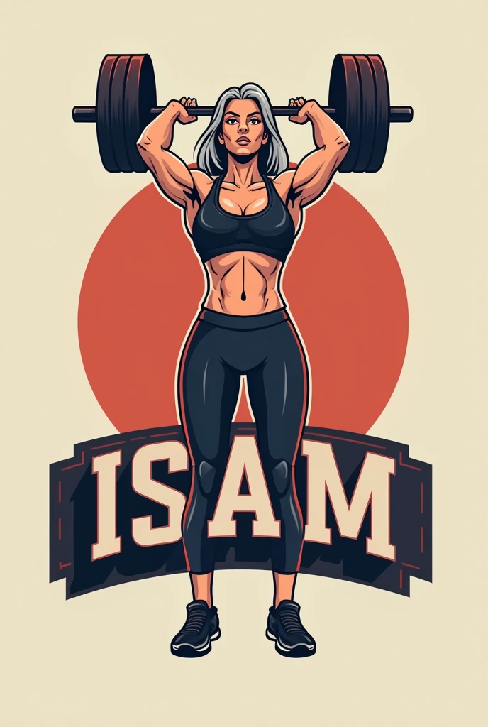 Logo of a gym called Isa Ram of a mature woman lifting weights 