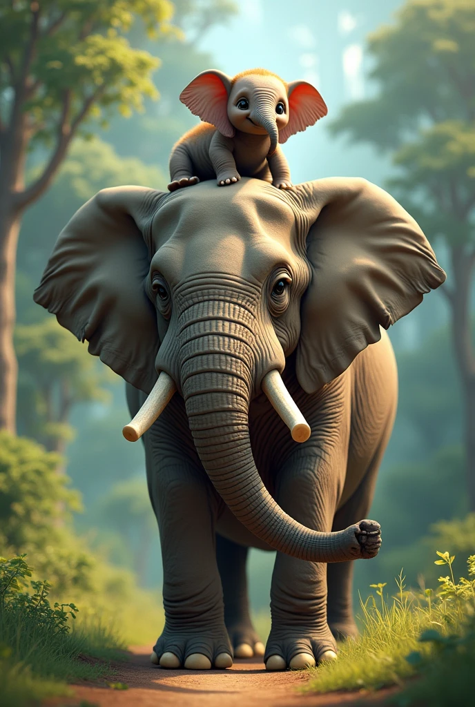 One elephant is riding on another elephant but 