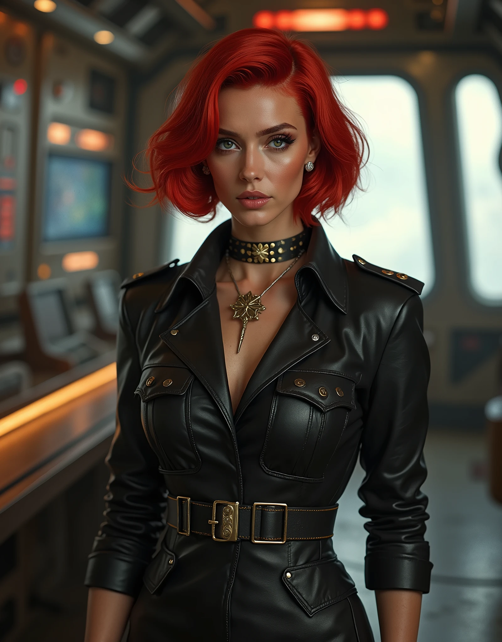 red bob cut, beautiful woman, starship captain, short jacket, cowboy shot, flirty, military bearing, standing, pirate