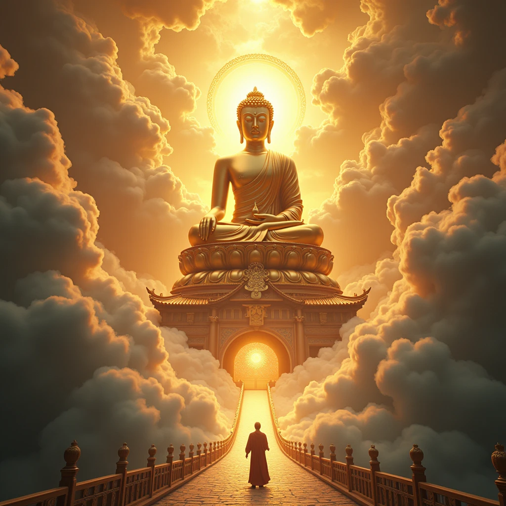 Giant golden Buddha plunges into the clouds，Hall々And，The 32 Phases of Buddhism，Neck length, limb ratio and ergonomic proportions,，Pilgrims&#39; Path，A light smile,Chinese style，In the distance, Surrealism, Stereogram, tachi-e, Atmospheric perspective, Hyper Photorealism, Cinema Lighting, Divine Light, Super Detail, Accurate, Highest quality, Tabletop, 16K, Attention to detail, High resolution, Awards, Super Detail, Anatomically correct