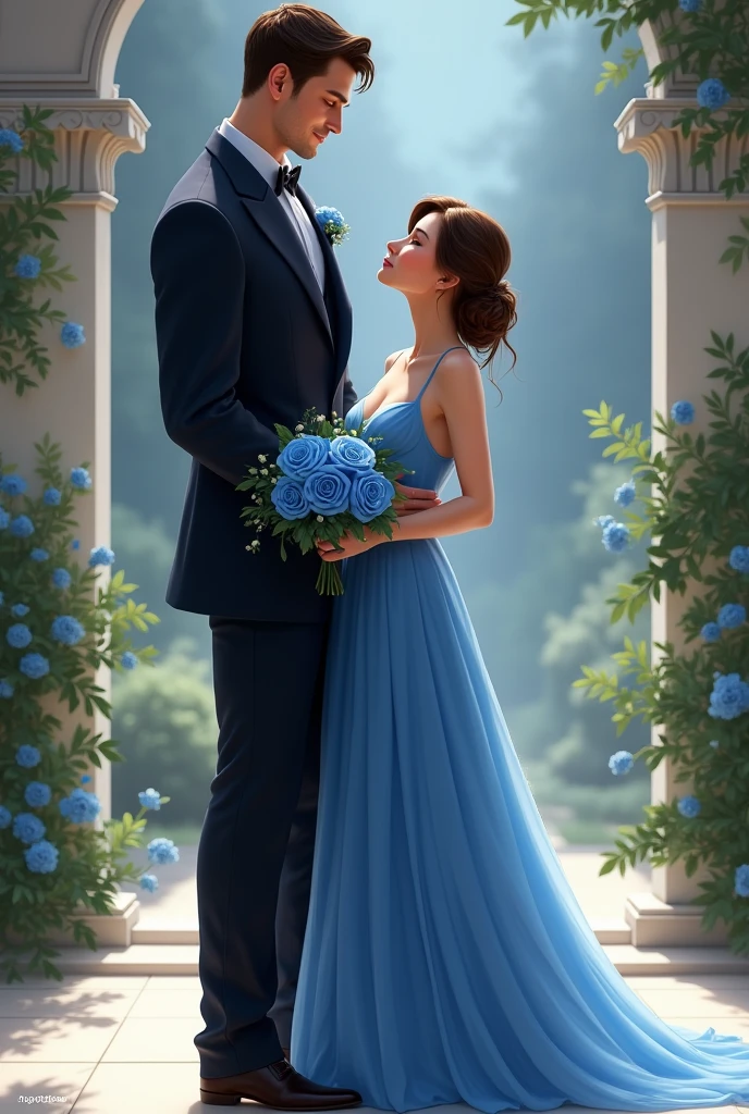 A tall brunette groom wearing a black suit and a navy blue shirt with blue roses in his hand, short bride in a long blue dress.