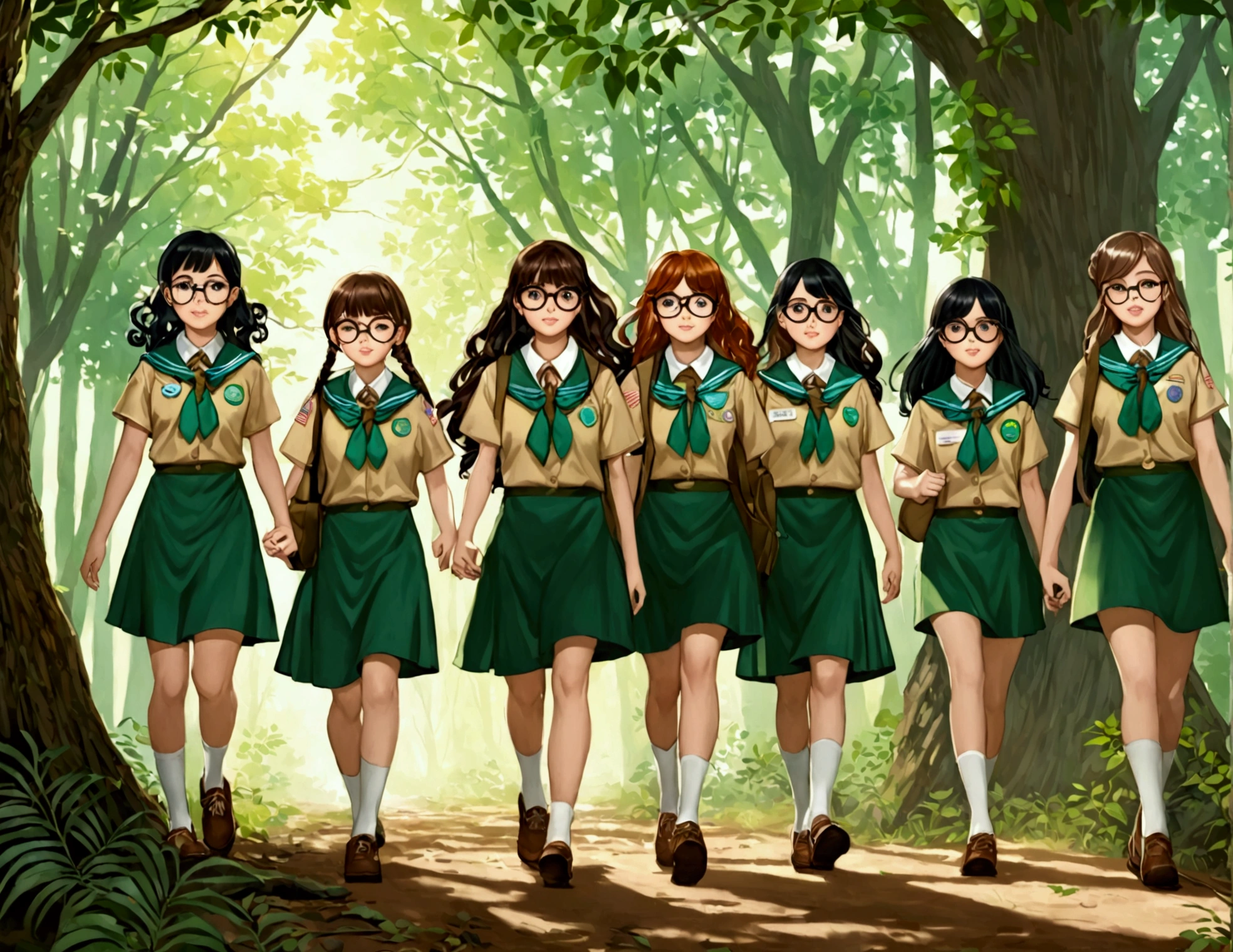 5 girl scouts walking in the woods one with black curly hair wearing glasses,another with long brown hair with highlights ,another one with long black hair with bangs,another one with medium long hair con flequillo,another one with medium long hair,black and with glasses and locks with a bun 