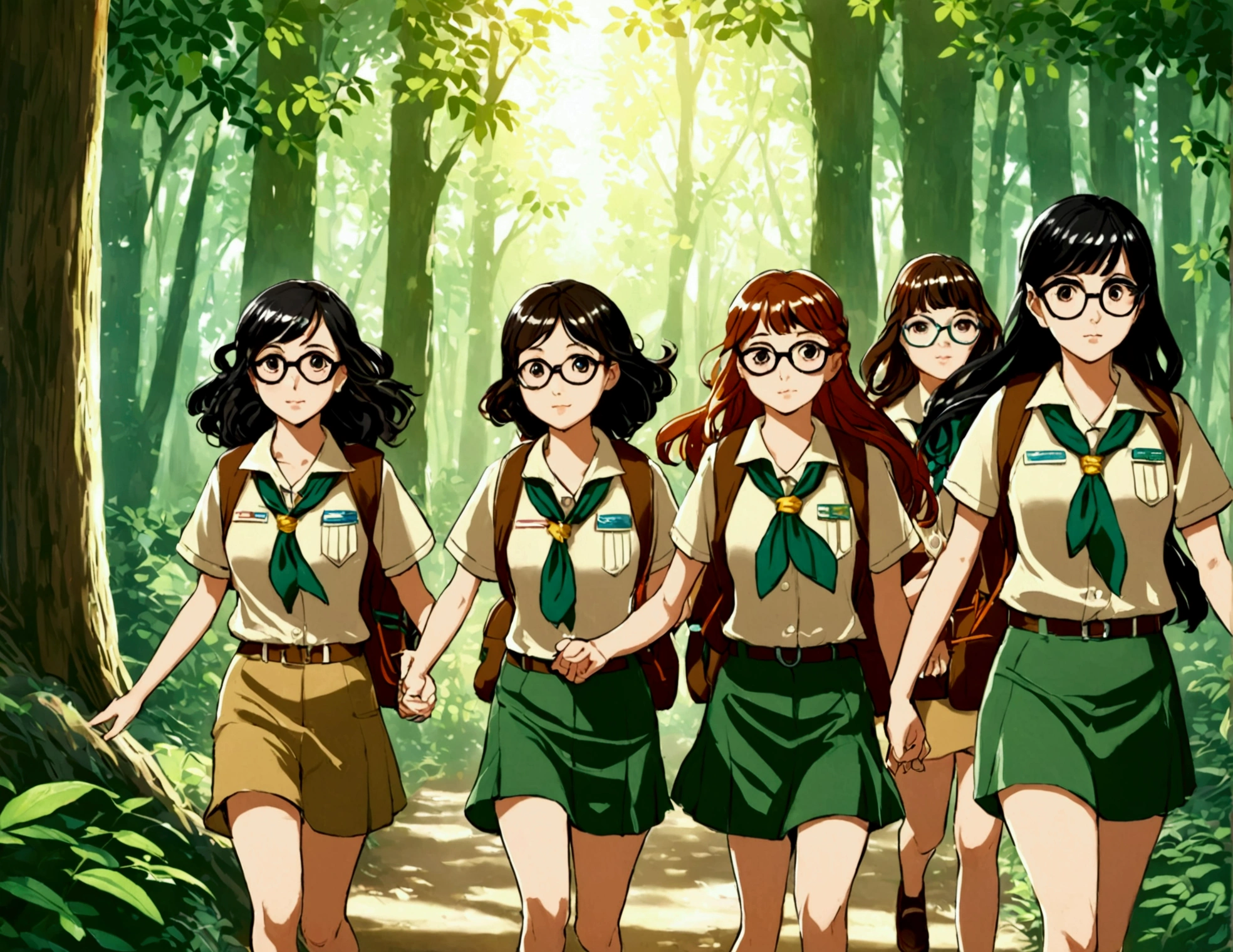 5 girl scouts walking in the woods one with black curly hair wearing glasses,another with long brown hair with highlights ,another one with long black hair with bangs,another one with medium long hair con flequillo,another one with medium long hair,black and with glasses and locks with a bun