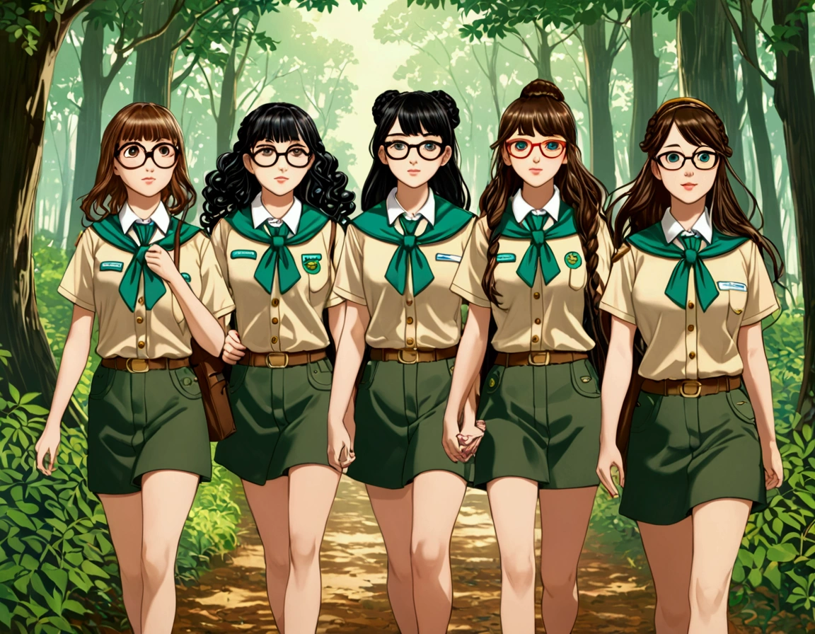 5 girl scouts walking in the woods one with black curly hair wearing glasses,another with long brown hair with highlights ,another one with long black hair with bangs,another one with medium long hair con flequillo,another one with medium long hair,black and with glasses and locks with a bun 
