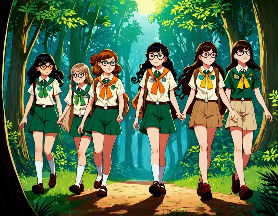5 girl scouts walking in the woods one with black curly hair wearing glasses,another with long brown hair with highlights ,another one with long black hair with bangs,another one with medium long hair con flequillo,another one with medium long hair,black and with glasses and locks with a bun