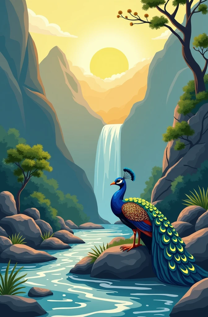 A peacock icon that in a Myanmar Student Union of the flag take a rest on the stone beside of the stream. The morning sun is shining. The water falls is staying on the mountain. A drawing vector landscape image