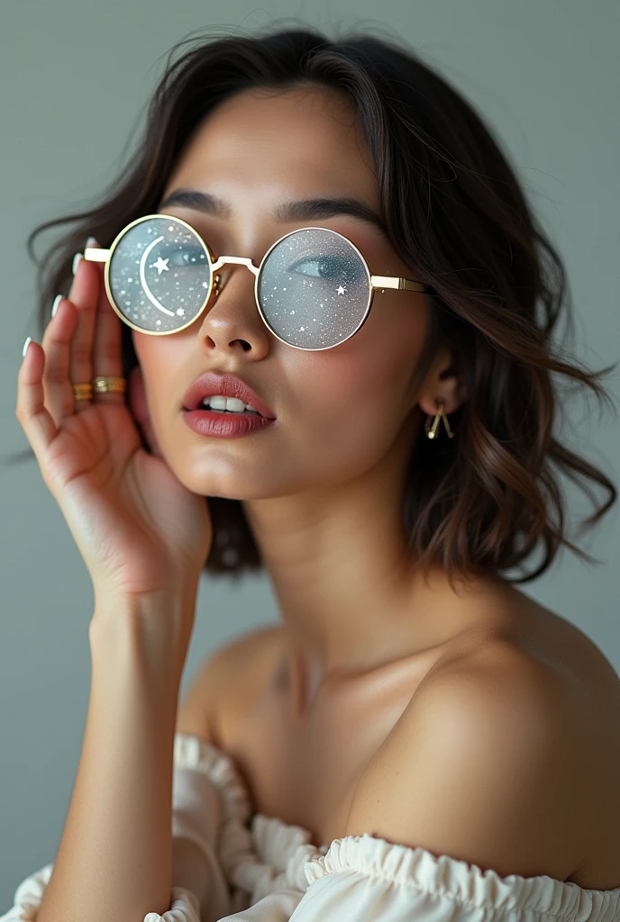 The model is wearing glass sunglasses with stars and the moon on the glass