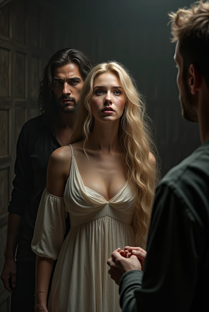 A girl with beautiful long blond hair was captured by a guy with black hair. There is fear and sadness on her face.. A guy is trying to put a rope around his stomach