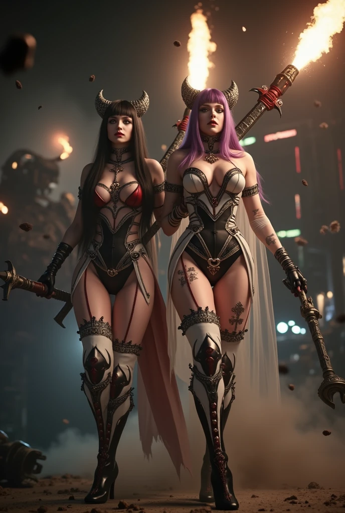 Masterpiece, Best Quality, Official Art, (Highly Detailed CG Unity 8k wallpaper), Detailed background, (Hands by Guido Daniele: 1.1). Full body pose sexy sisters of battle from the warhammer 40k, shooting at the enemy, white armor with intricate details, red armor with intricate details, religous symbols on the armor, sisters of battle, warhammer 40k, Massive silicone breast, pale skin, seductive, temptation, eat your soul, clevage, long flowing black hair with purple highlights, heavy gothic makeup, at night, neon, beautiful detailed eyes, beautiful detailed lips, extremely detailed eyes and face, long eyelashes, highly detailed armor, intricate futuristic weaponry, dramatic lighting, cinematic composition, muted color palette, gritty and realistic, mecha, science fiction, hyper-detailed, photorealistic, award winning digital art, 8k, HDR, masters work, in the middle of a battle field, full body combat action pose, explosions and fire around, full war, stunning, Stilleto heels, high heels, full body pose, cinematic, movie trailer, final stand!, nemesis, ready to strike, dust and debree, combat screams, attacking, shooting at the enemy, running forward, last line of defense, charging, fanatic, religious, templar knights, sisters of battle, warhammer 40k