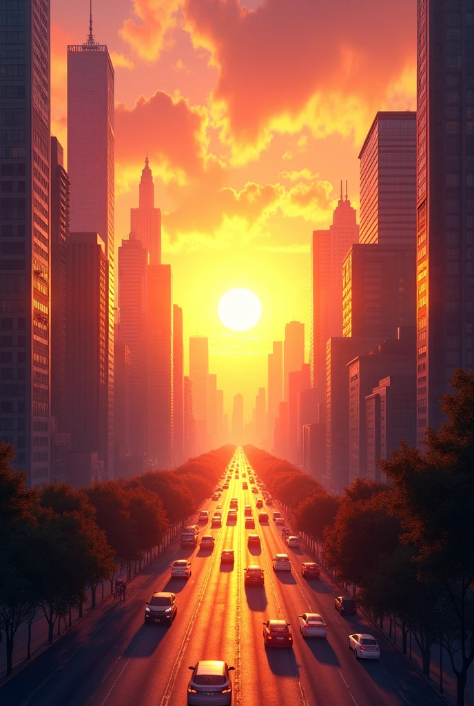 Bright sunrise over a cityscape]