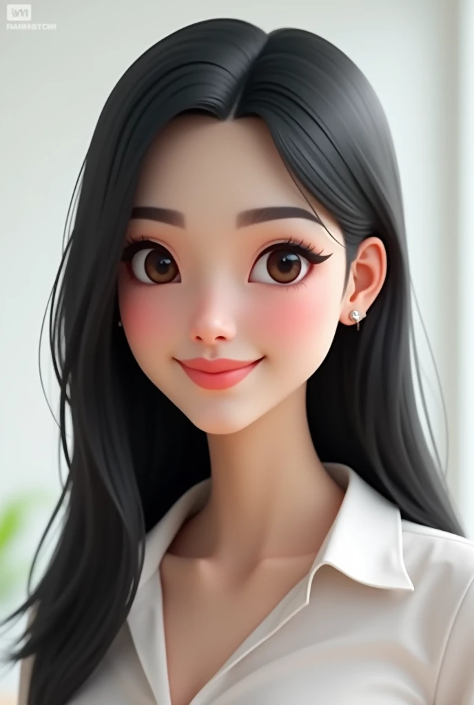 Create an avatar image of a woman with a round face, straight black hair and white skin, black eyes and a mole on her nose, animation for a corporate image