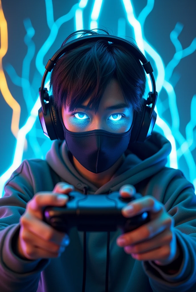 Ak larka ho jo dono hata ma game control lieya ho light effect ho or larka mask laga ho or hairs middle ho or logo ho or small eyes light blue ho or full body background ma bigli ho blue or yellow or kana ma gaming earphone or uska game control pa ho chaiye or aakha ma thro sa bigli gaming control ka nachi 1v Gamer