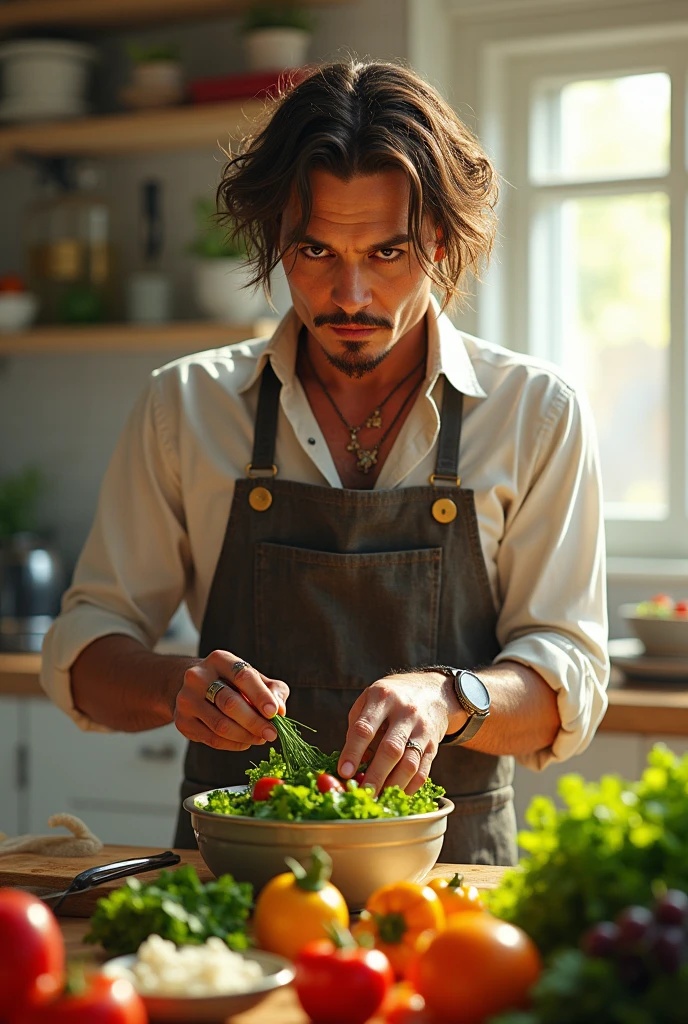 johnny depp actor making salad in an apron