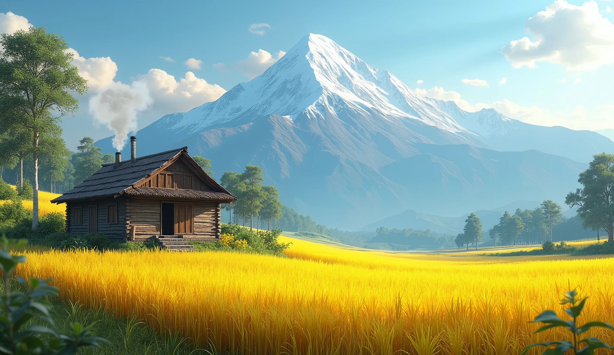 The hut is in the middle of a golden-yellow rice field. There is a beautiful mountain range in the background.