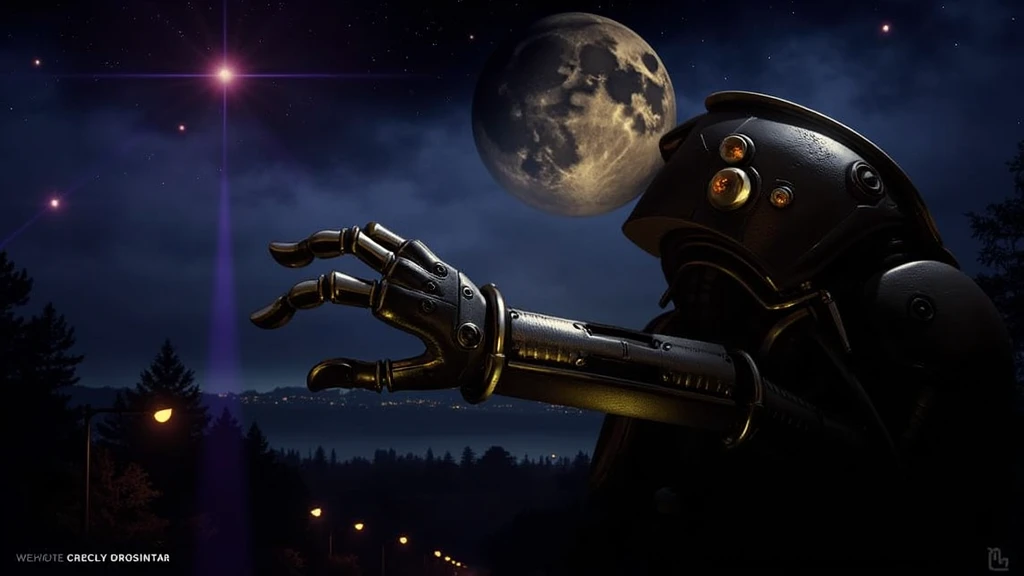 I'm on the street at night looking at the horizon, beyond the circle of the moon appears a faint outline of the face of a humanoid mechanical god, I can see his eyes shine like stars on the horizon, his hand is bigger than the moon, he reaches out to grab the moon, 32K, super realistico, life like, Real vision, every detail of the image is impressive, he's standing there staring with his bright eyes, I can see him from the chest up, starry sky of a peaceful night, tree-lined street, well lit street, light posts, He is a heavenly being, (marvel celestials:2.0), lens flare effect, he appears to have mechanical and robotic aspects, he has objects orbiting his presence, some lights shine in bright, vibrant colors, the moon covers part of it and it is much bigger than it, I look at my hands and try to cover some strong lights, illuminated city with buildings and buildings